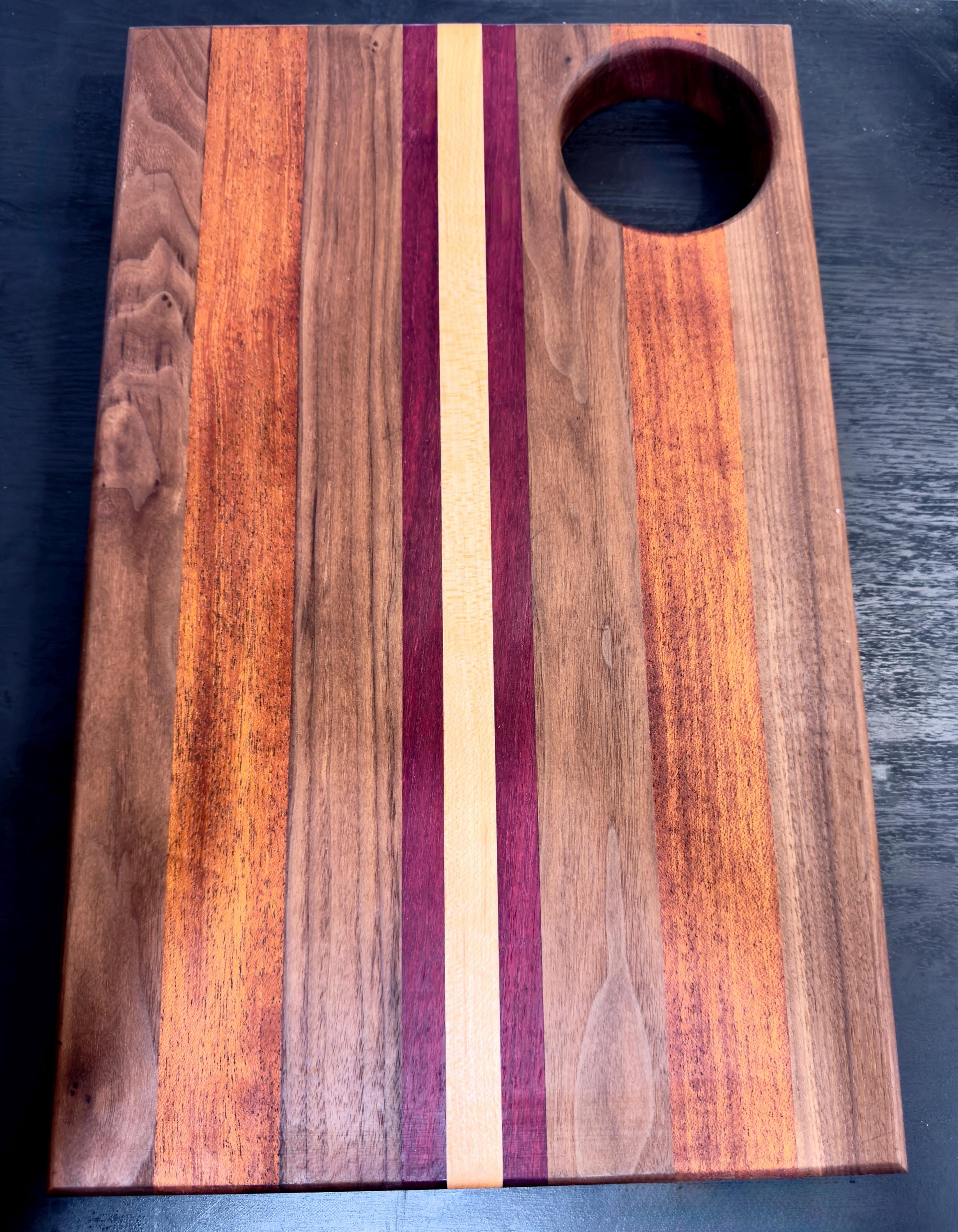 Walnut, Cherry, Maple, Purple Heart and Cameroon Mahogany Cutting board